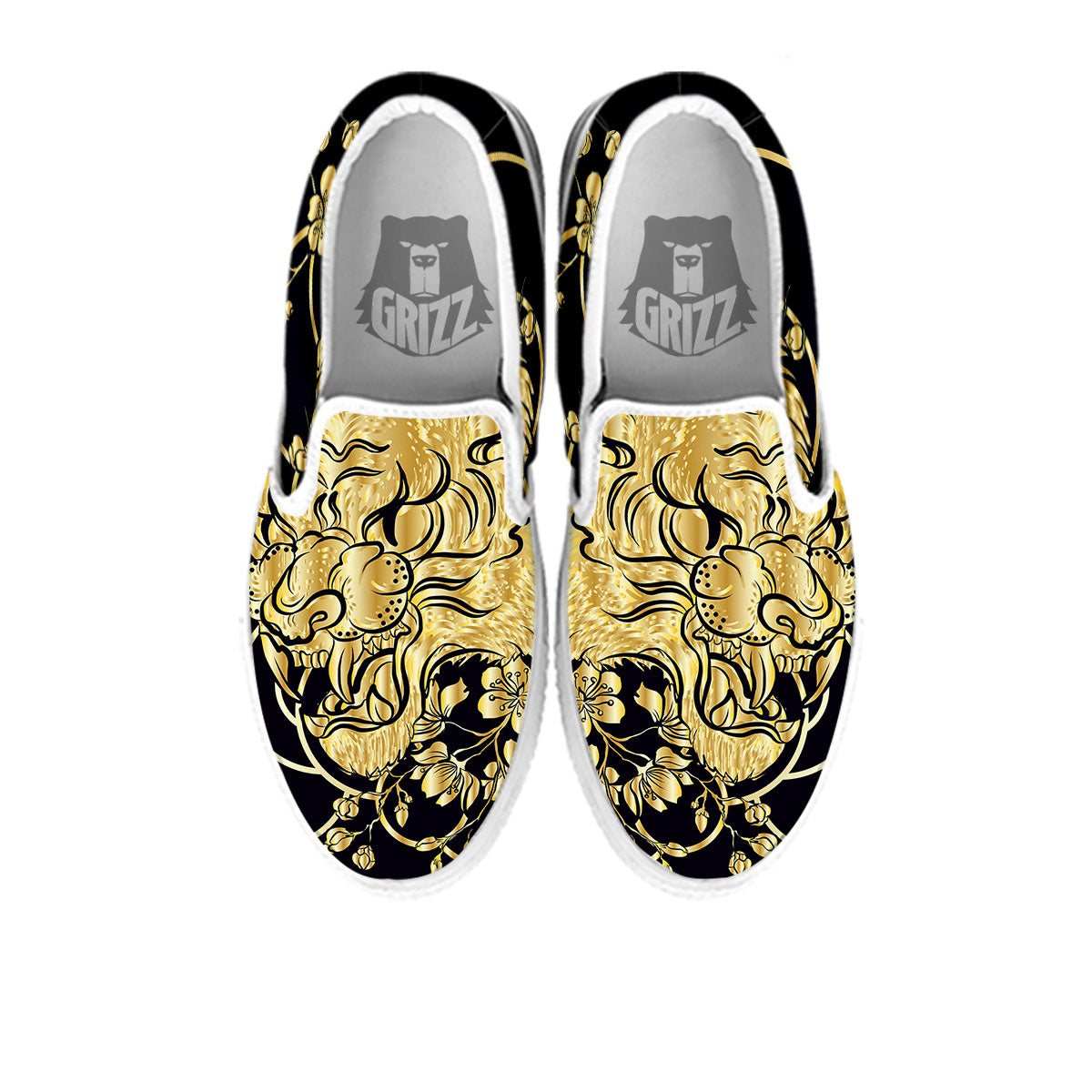 Japanese Tiger Gold And Black Print White Slip On Shoes-grizzshop