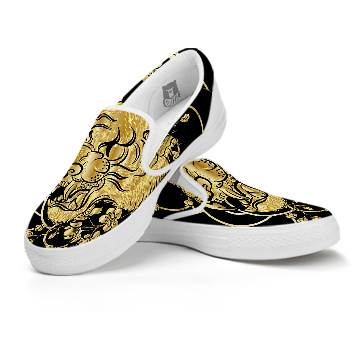 Japanese Tiger Gold And Black Print White Slip On Shoes-grizzshop