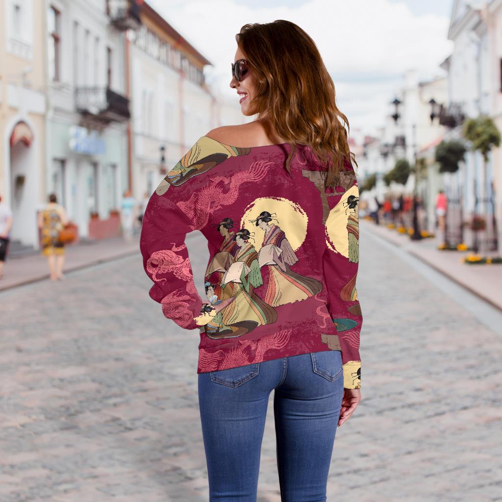 Japanese Tokyo Pattern Print Women Off Shoulder Sweatshirt-grizzshop