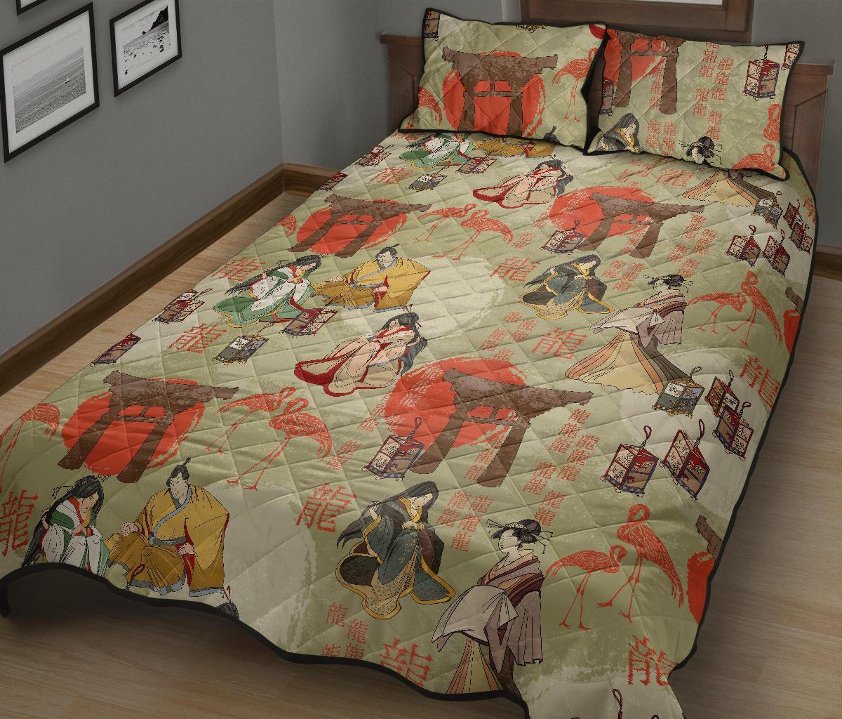 Japanese Tokyo Print Pattern Bed Set Quilt-grizzshop