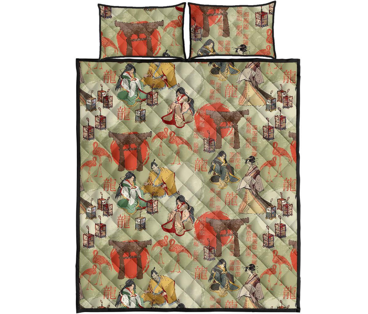 Japanese Tokyo Print Pattern Bed Set Quilt-grizzshop