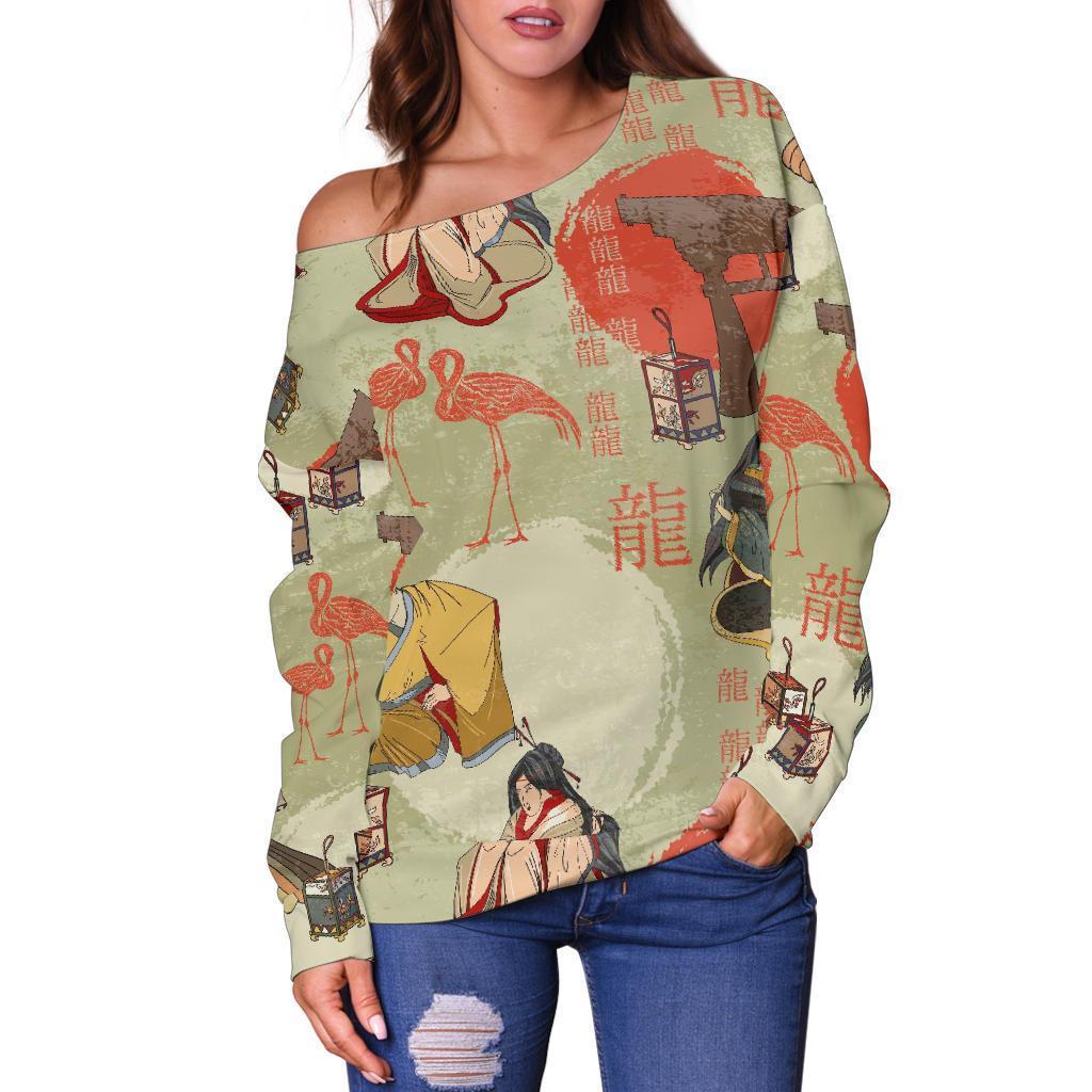 Japanese Tokyo Print Pattern Women Off Shoulder Sweatshirt-grizzshop