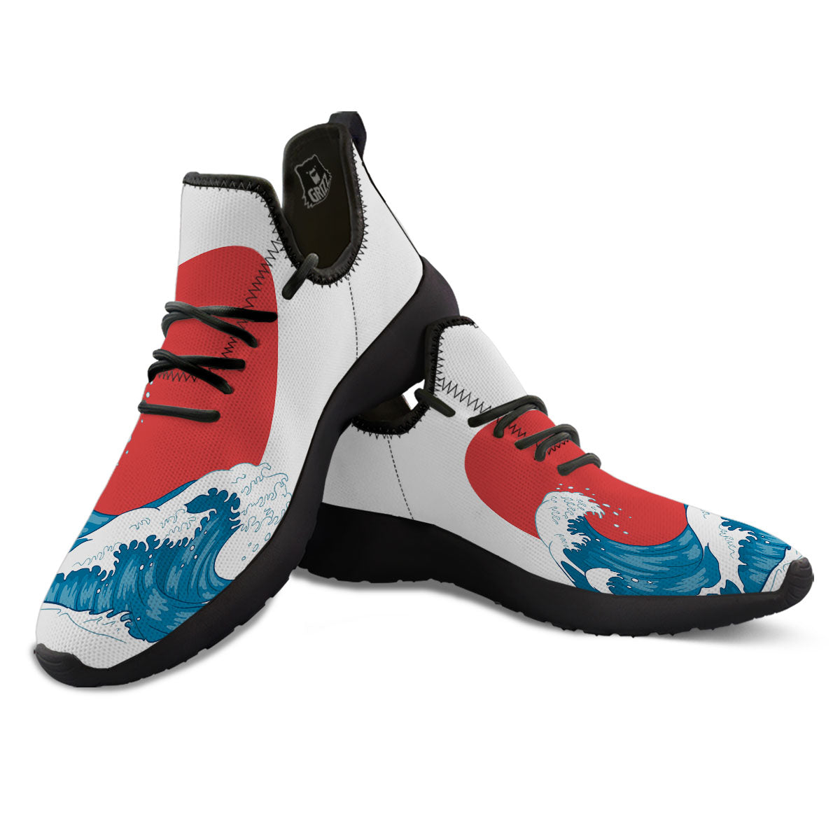 Japanese Wave And Vitage Sea Print Black Athletic Shoes-grizzshop