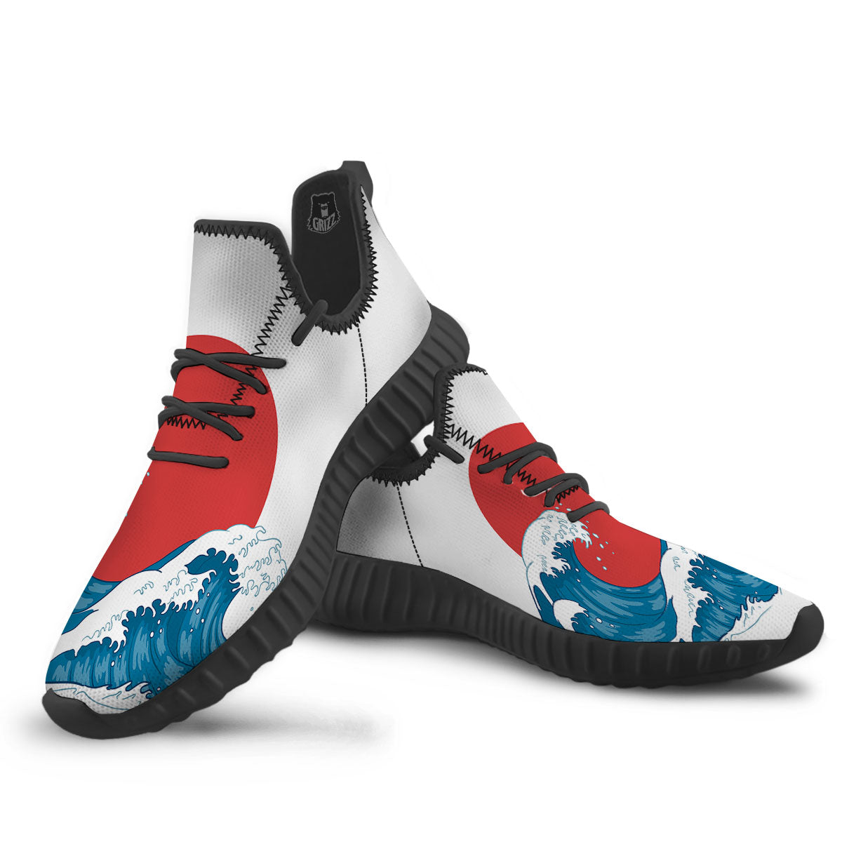 Japanese Wave And Vitage Sea Print Black Walking Shoes-grizzshop