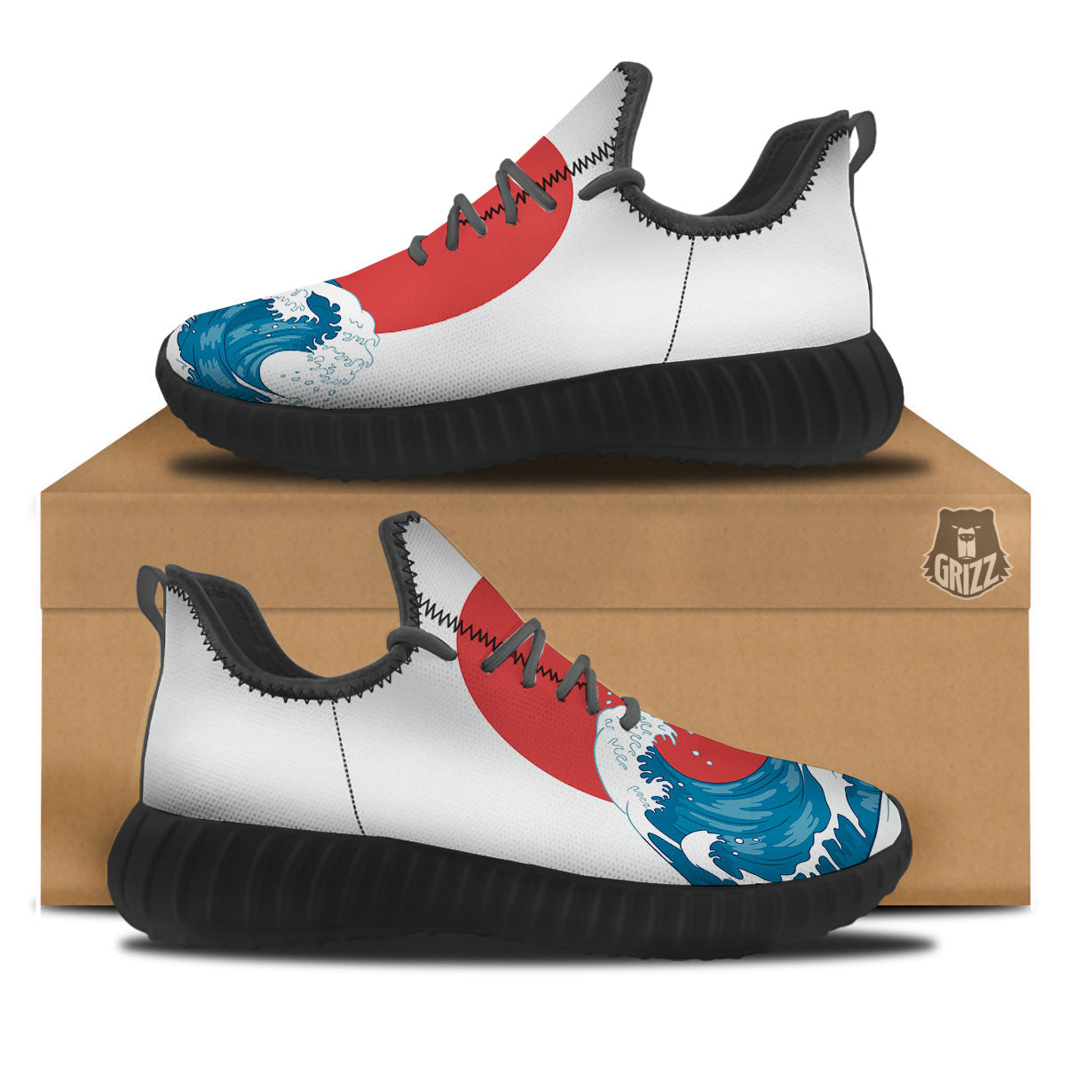Japanese Wave And Vitage Sea Print Black Walking Shoes-grizzshop