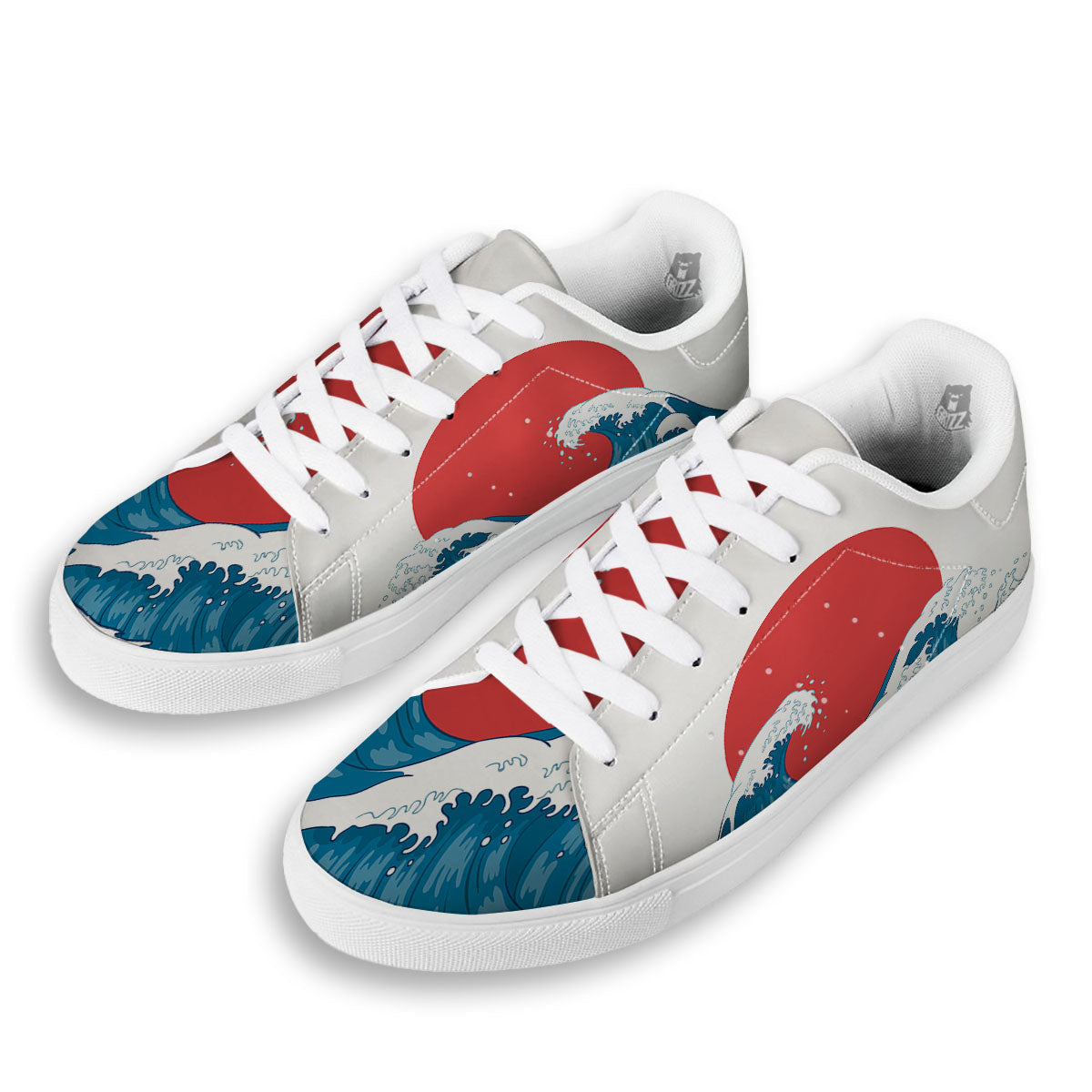 Japanese Wave And Vitage Sea Print White Low Top Sneakers-grizzshop