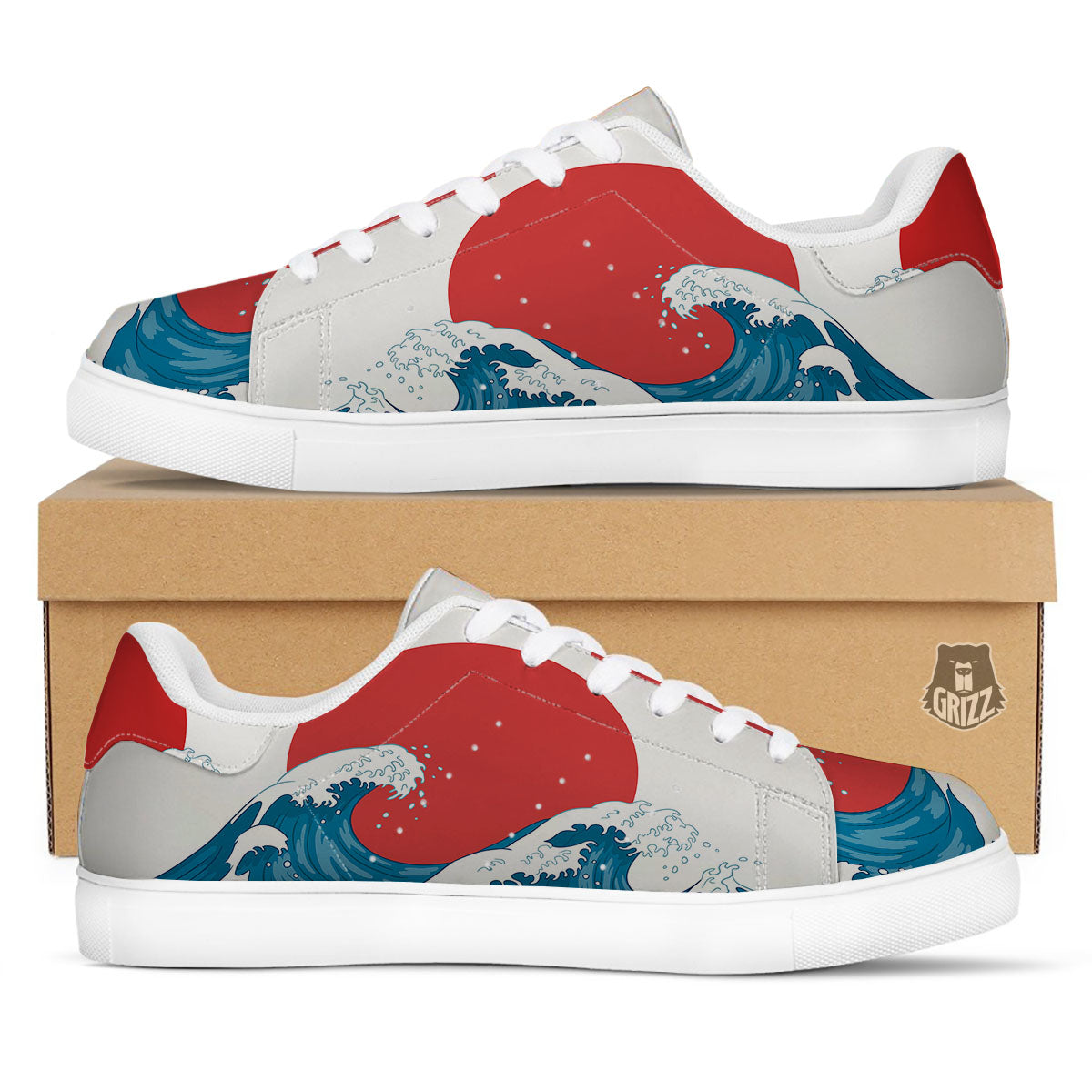 Japanese Wave And Vitage Sea Print White Low Top Sneakers-grizzshop