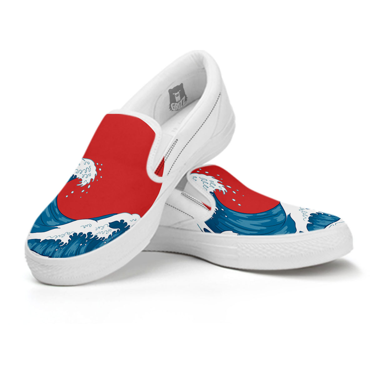 Japanese Wave And Vitage Sea Print White Slip On Shoes-grizzshop