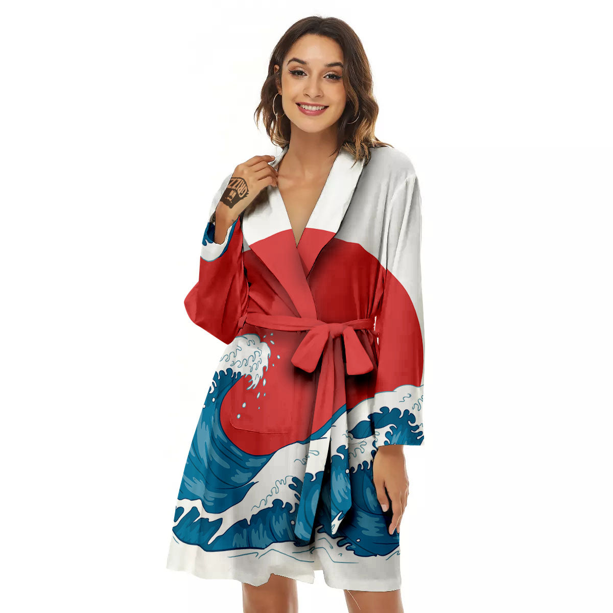 Japanese Wave And Vitage Sea Print Women's Robe-grizzshop