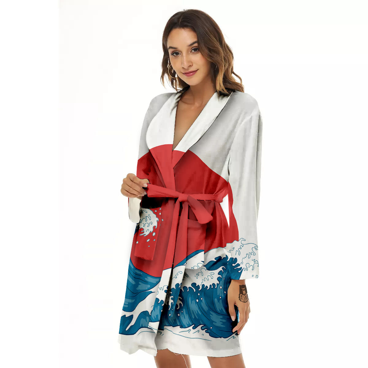 Japanese Wave And Vitage Sea Print Women's Robe-grizzshop