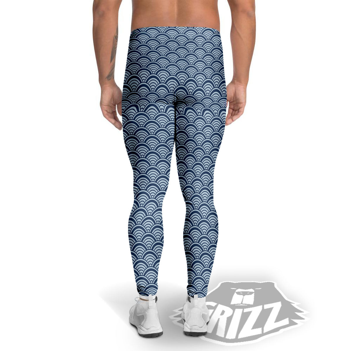 Japanese Wave Blue Print Pattern Men's Leggings-grizzshop