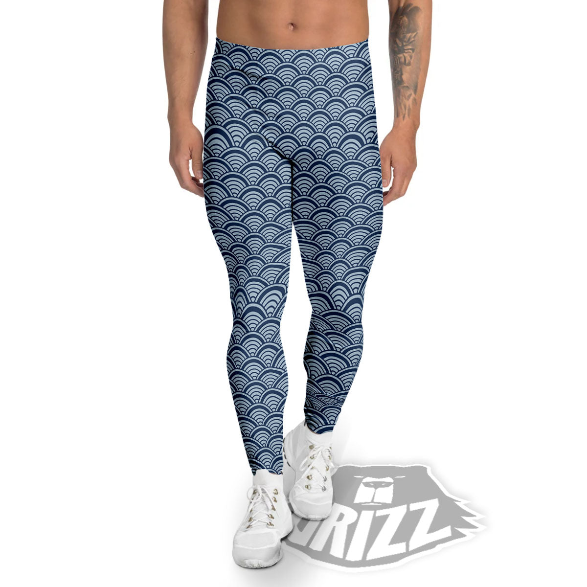 Japanese Wave Blue Print Pattern Men's Leggings-grizzshop