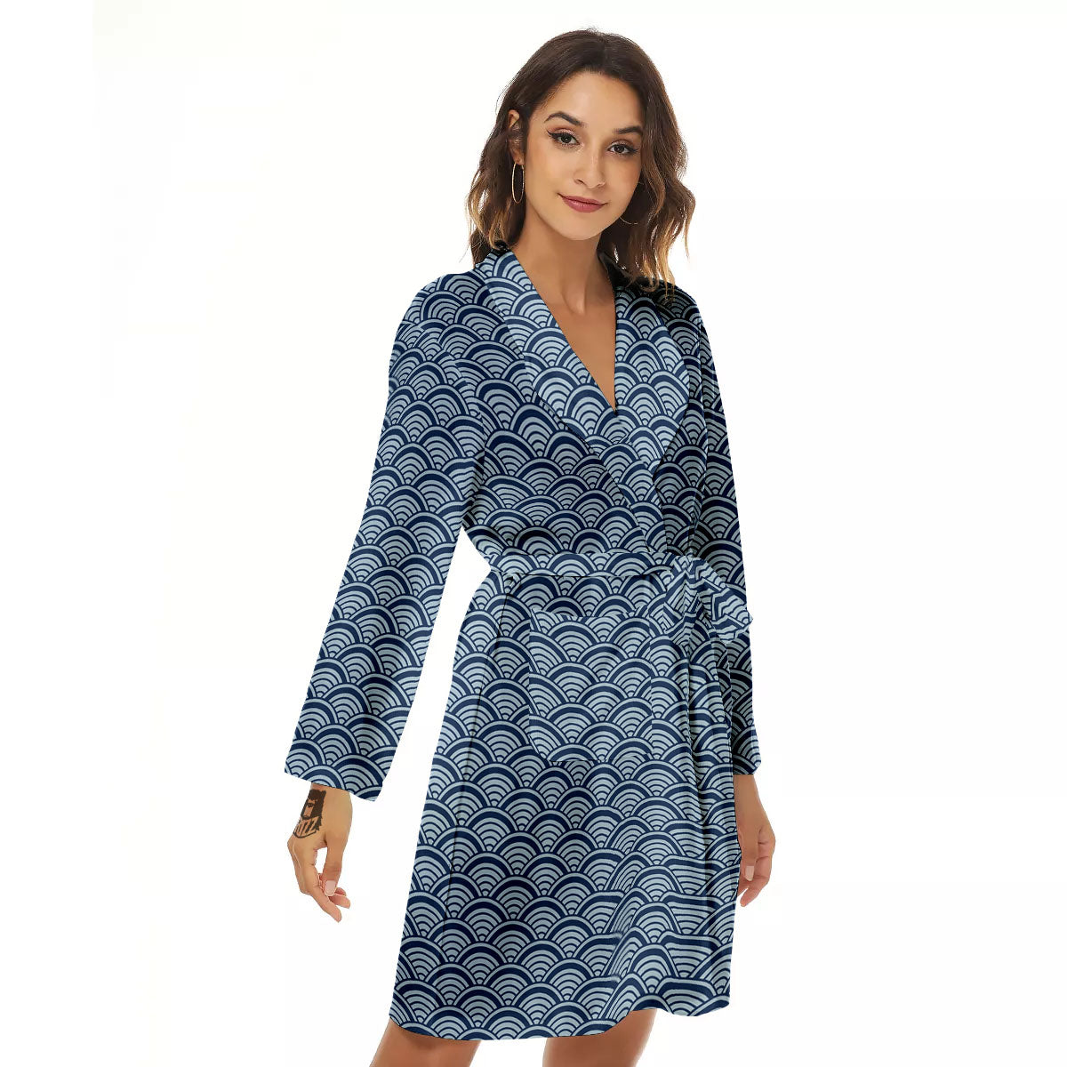 Japanese Wave Blue Print Pattern Women's Robe-grizzshop