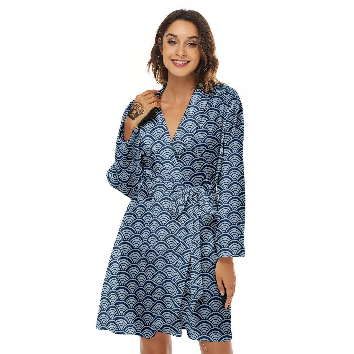 Japanese Wave Blue Print Pattern Women's Robe-grizzshop