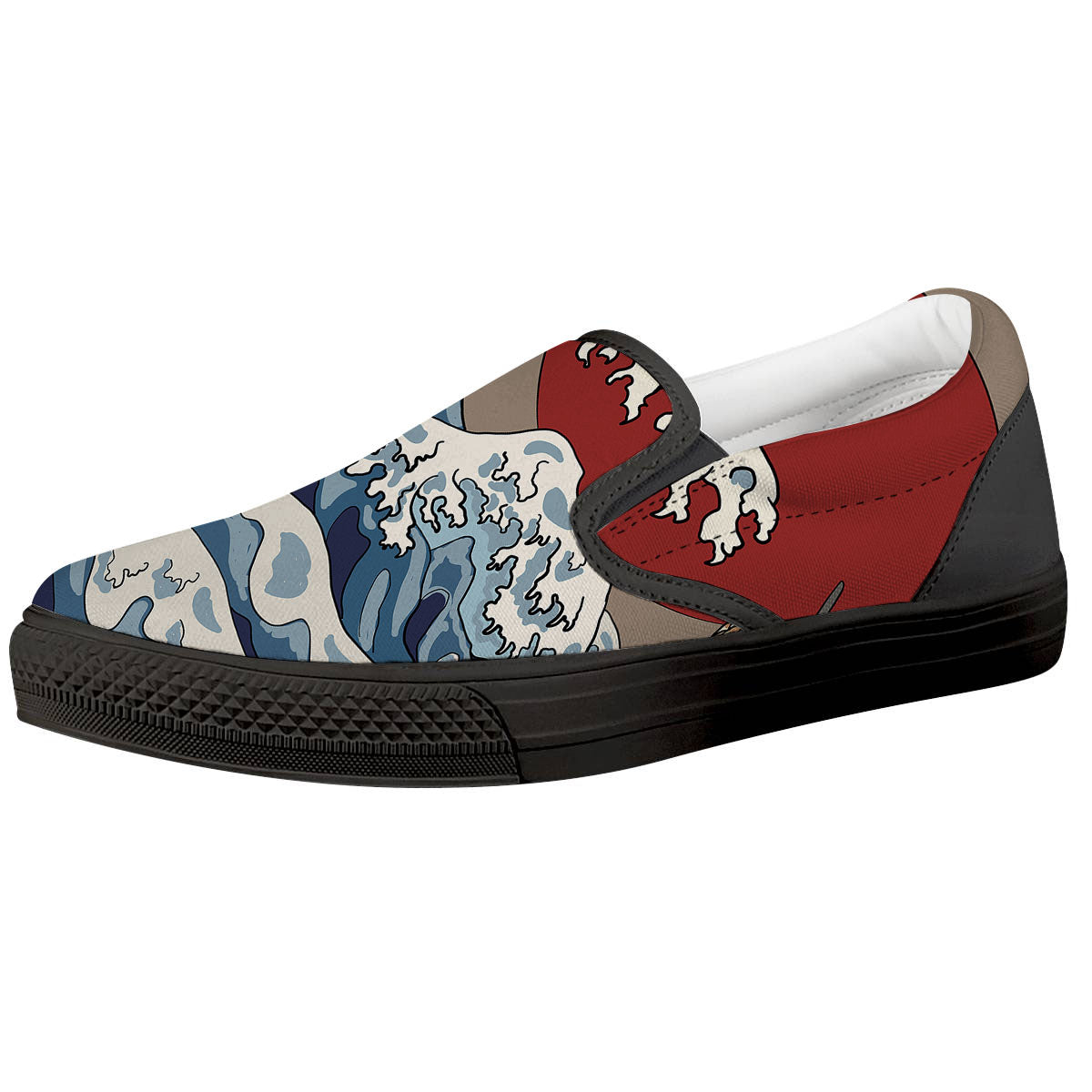 Japanese Wave Red Sun Print Black Slip On Shoes-grizzshop