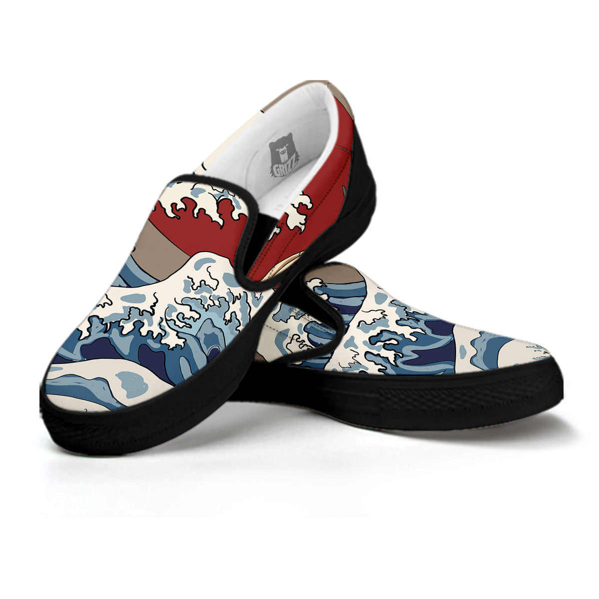 Japanese Wave Red Sun Print Black Slip On Shoes-grizzshop