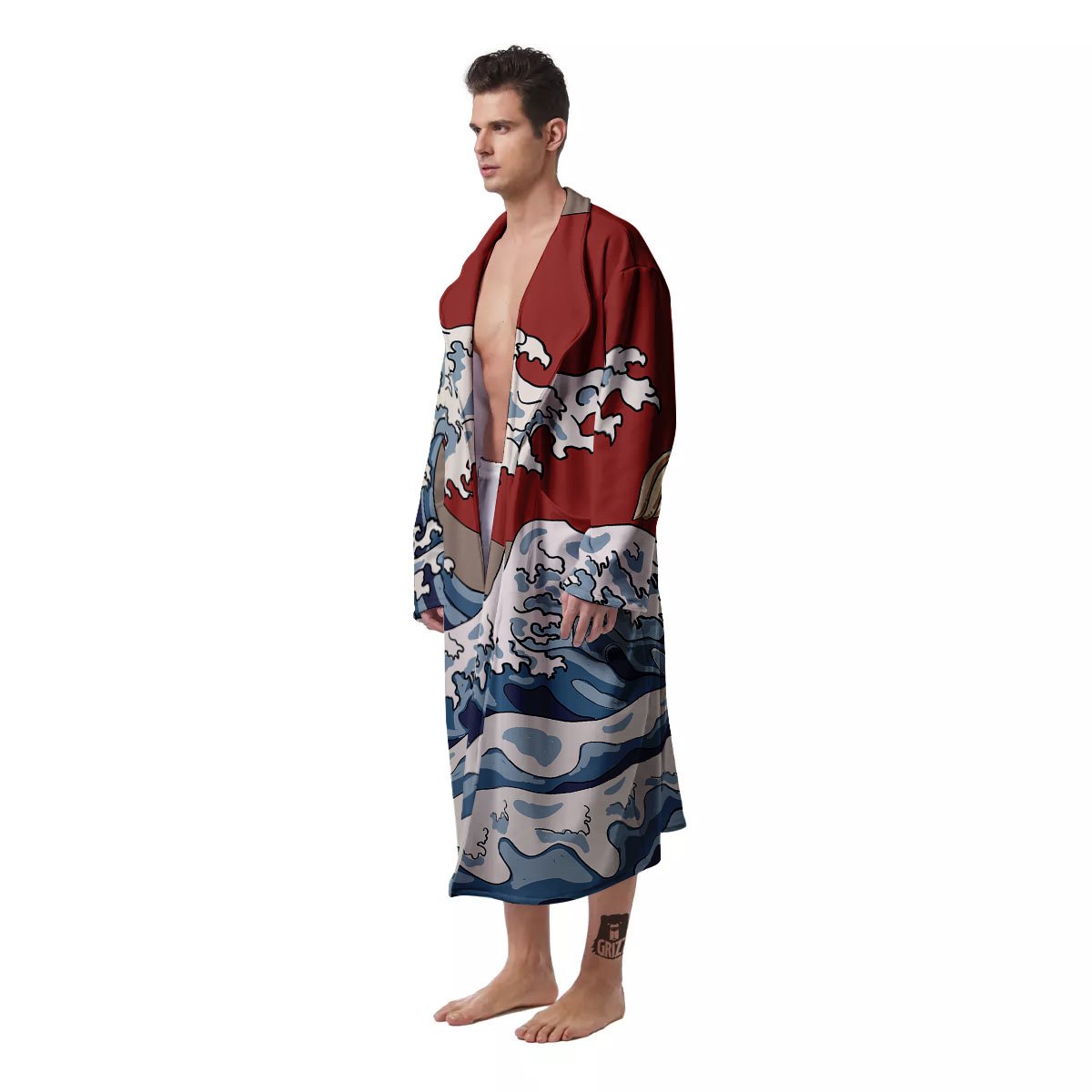Japanese Wave Red Sun Print Men's Robe-grizzshop