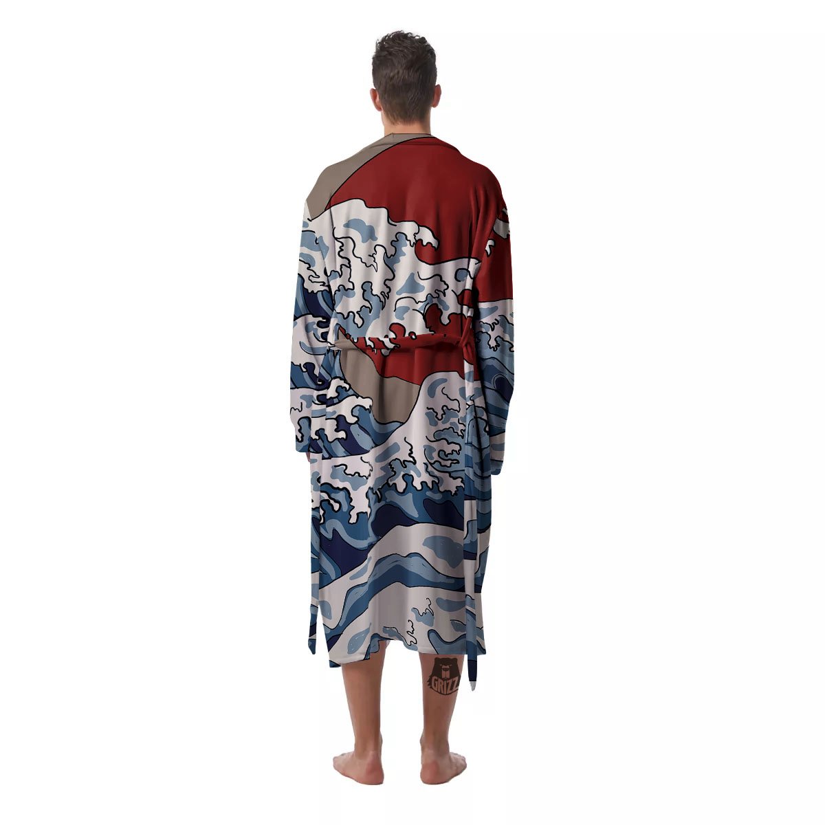 Japanese Wave Red Sun Print Men's Robe-grizzshop