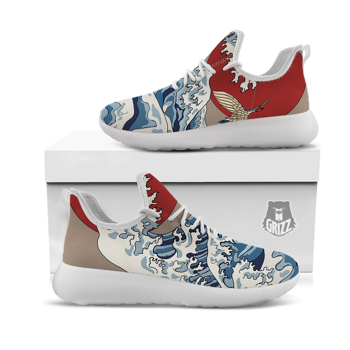 Japanese Wave Red Sun Print White Athletic Shoes-grizzshop