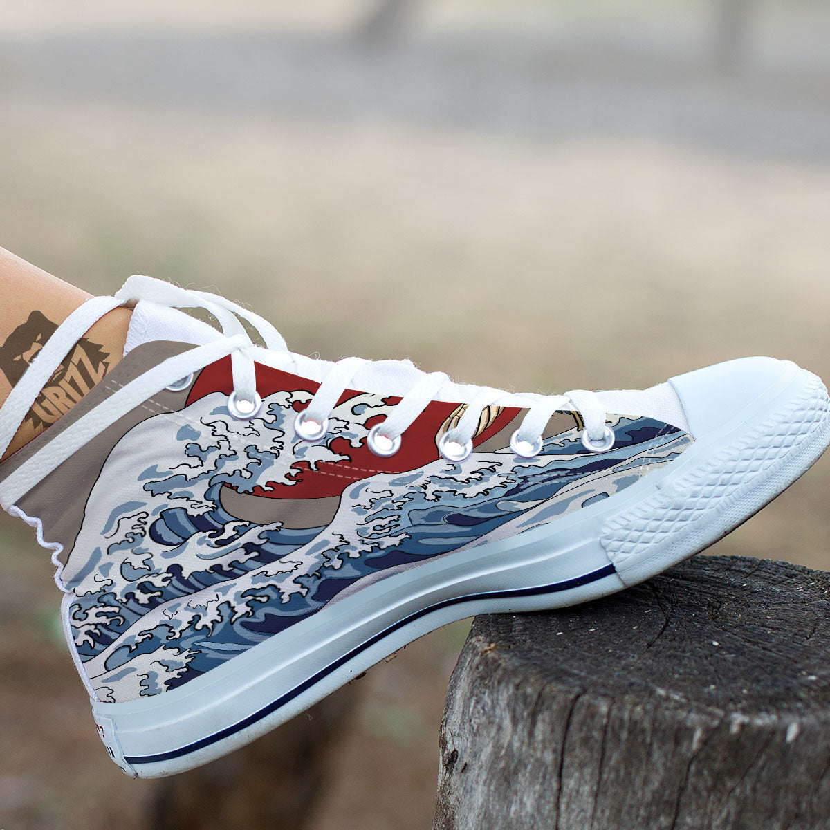 Japanese Wave Red Sun Print White High Top Shoes-grizzshop