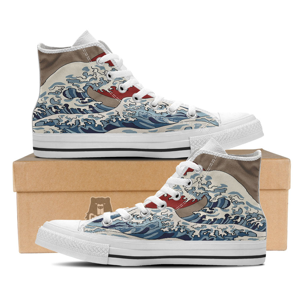 Japanese Wave Red Sun Print White High Top Shoes-grizzshop