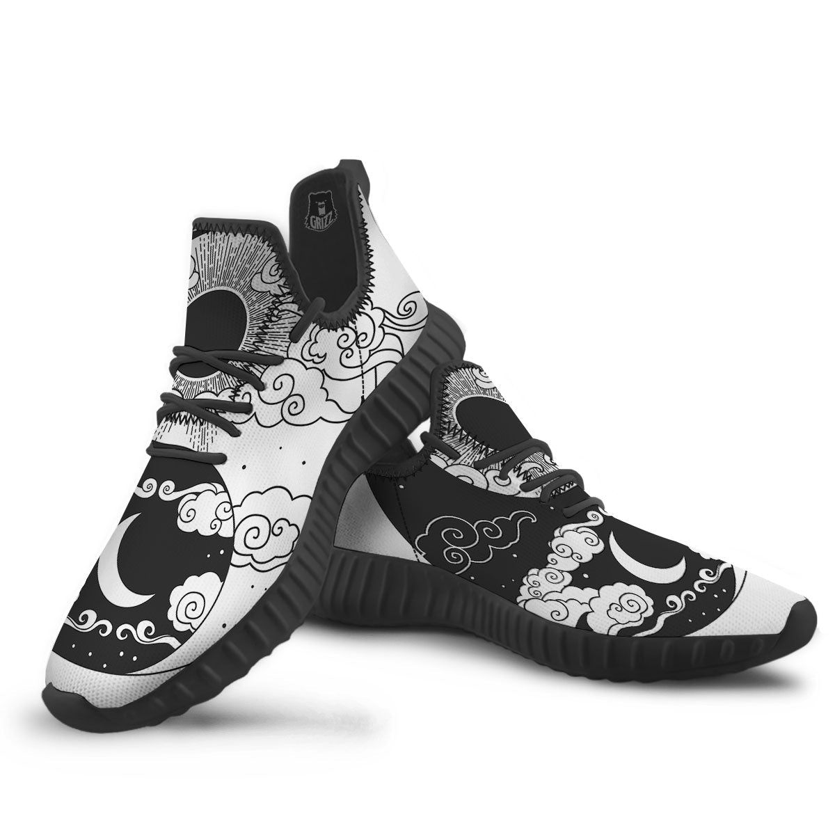 Japanese Yin Yang White And Black Print Black Walking Shoes-grizzshop