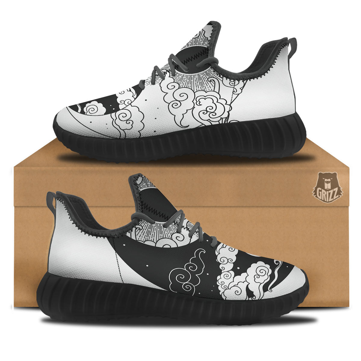 Japanese Yin Yang White And Black Print Black Walking Shoes-grizzshop