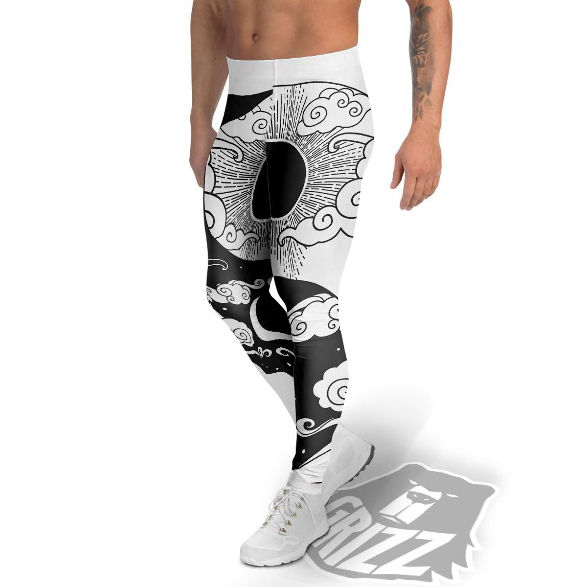 Japanese Yin Yang White And Black Print Men's Leggings-grizzshop