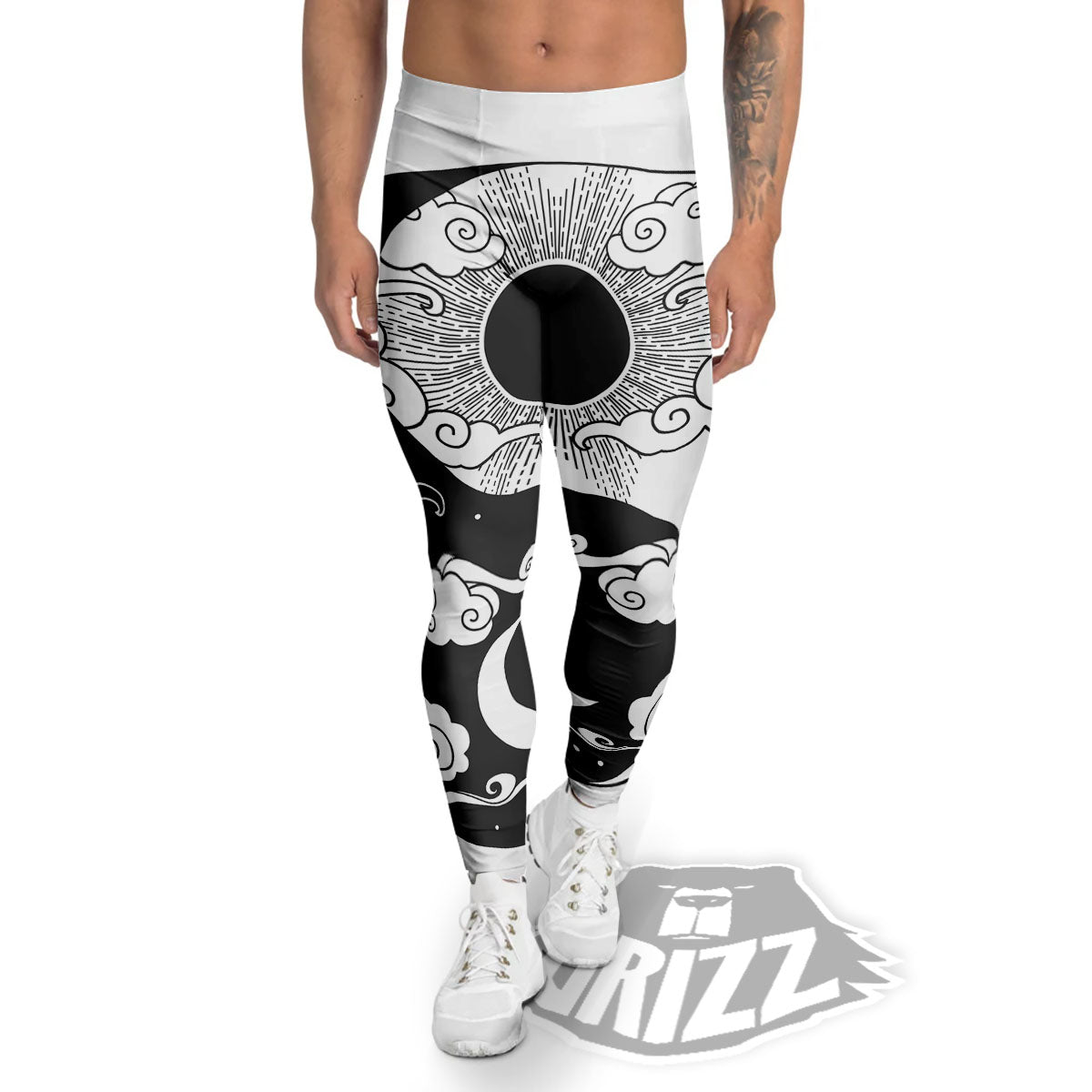Japanese Yin Yang White And Black Print Men's Leggings-grizzshop
