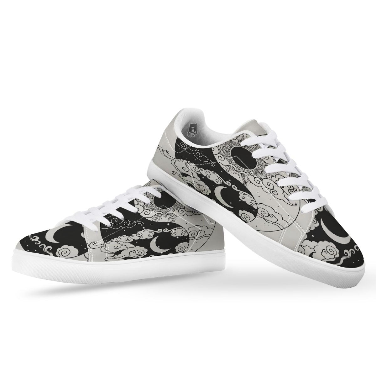 Japanese Yin Yang White And Black Print White Low Top Sneakers-grizzshop