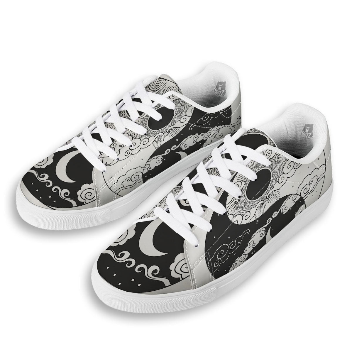 Japanese Yin Yang White And Black Print White Low Top Sneakers-grizzshop