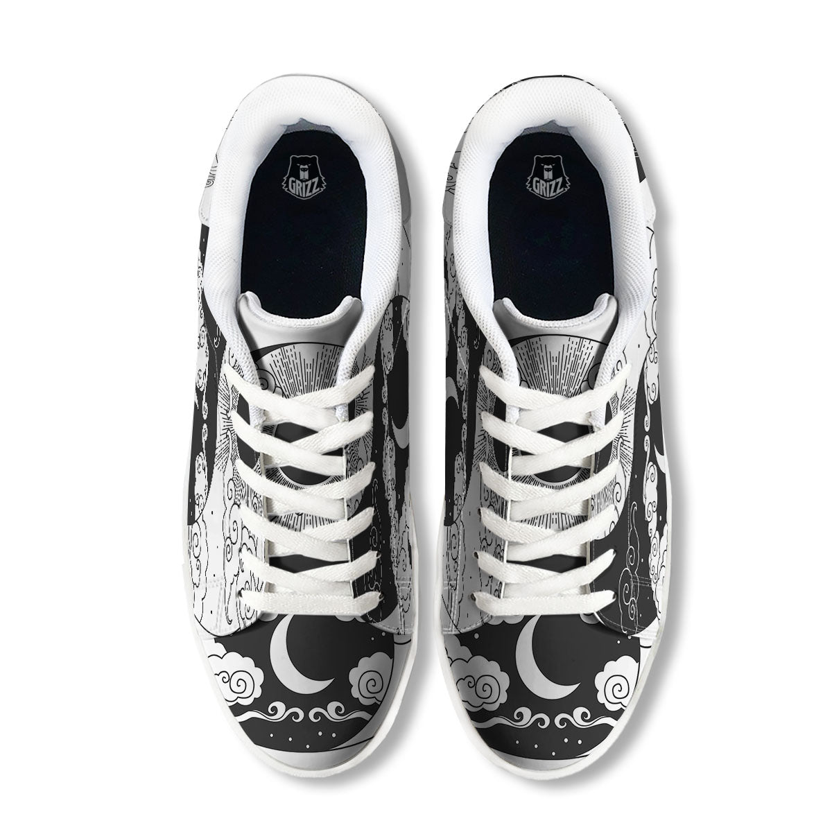 Japanese Yin Yang White And Black Print White Low Top Sneakers-grizzshop