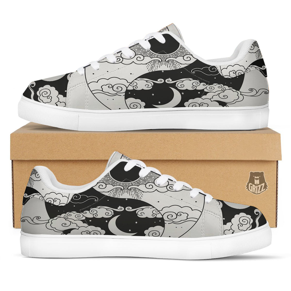 Japanese Yin Yang White And Black Print White Low Top Sneakers-grizzshop