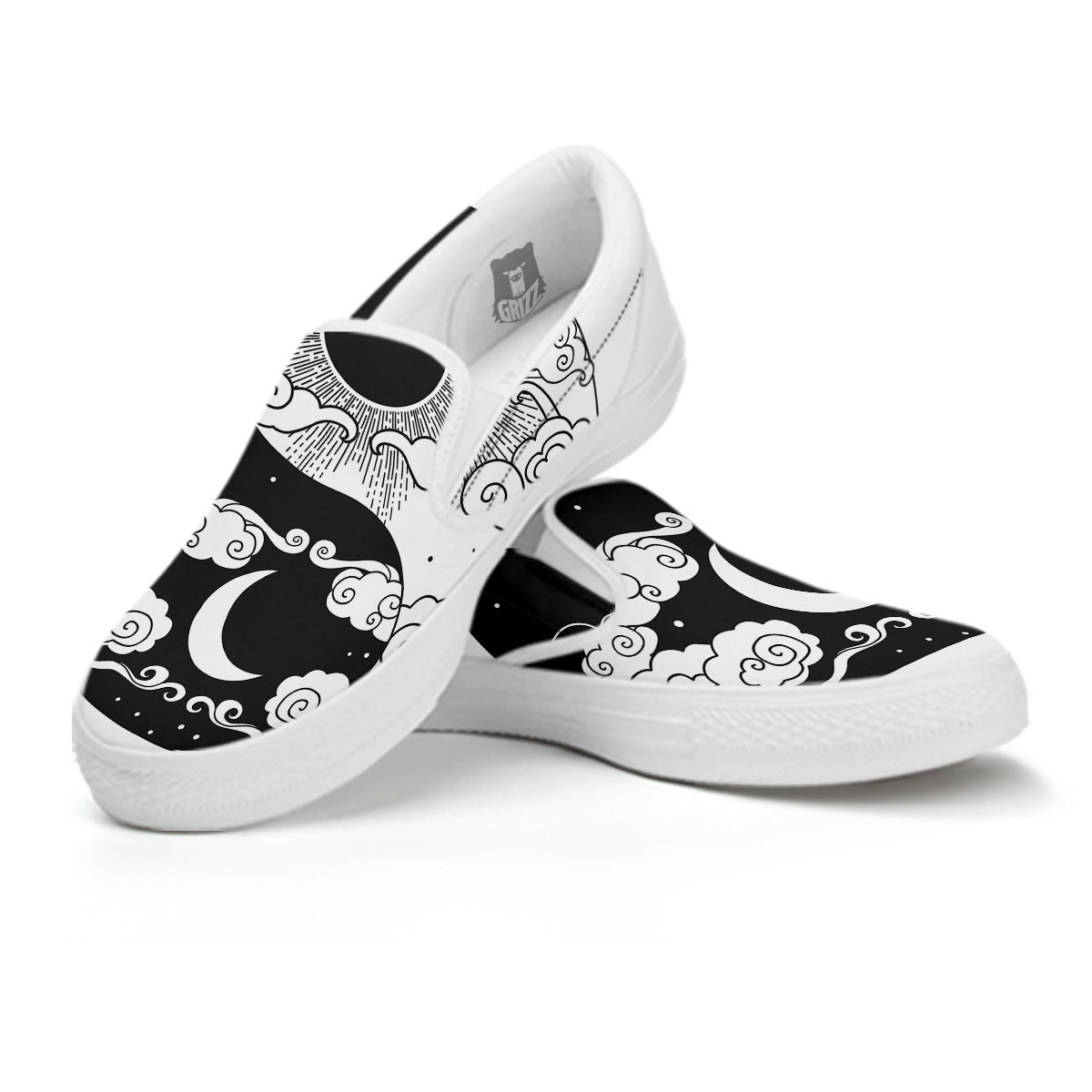 Japanese Yin Yang White And Black Print White Slip On Shoes-grizzshop