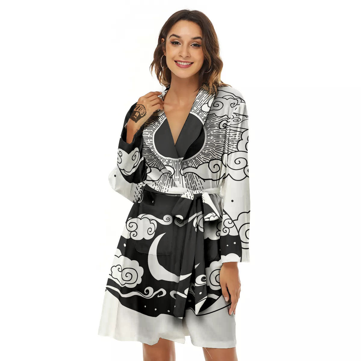 Japanese Yin Yang White And Black Print Women's Robe-grizzshop