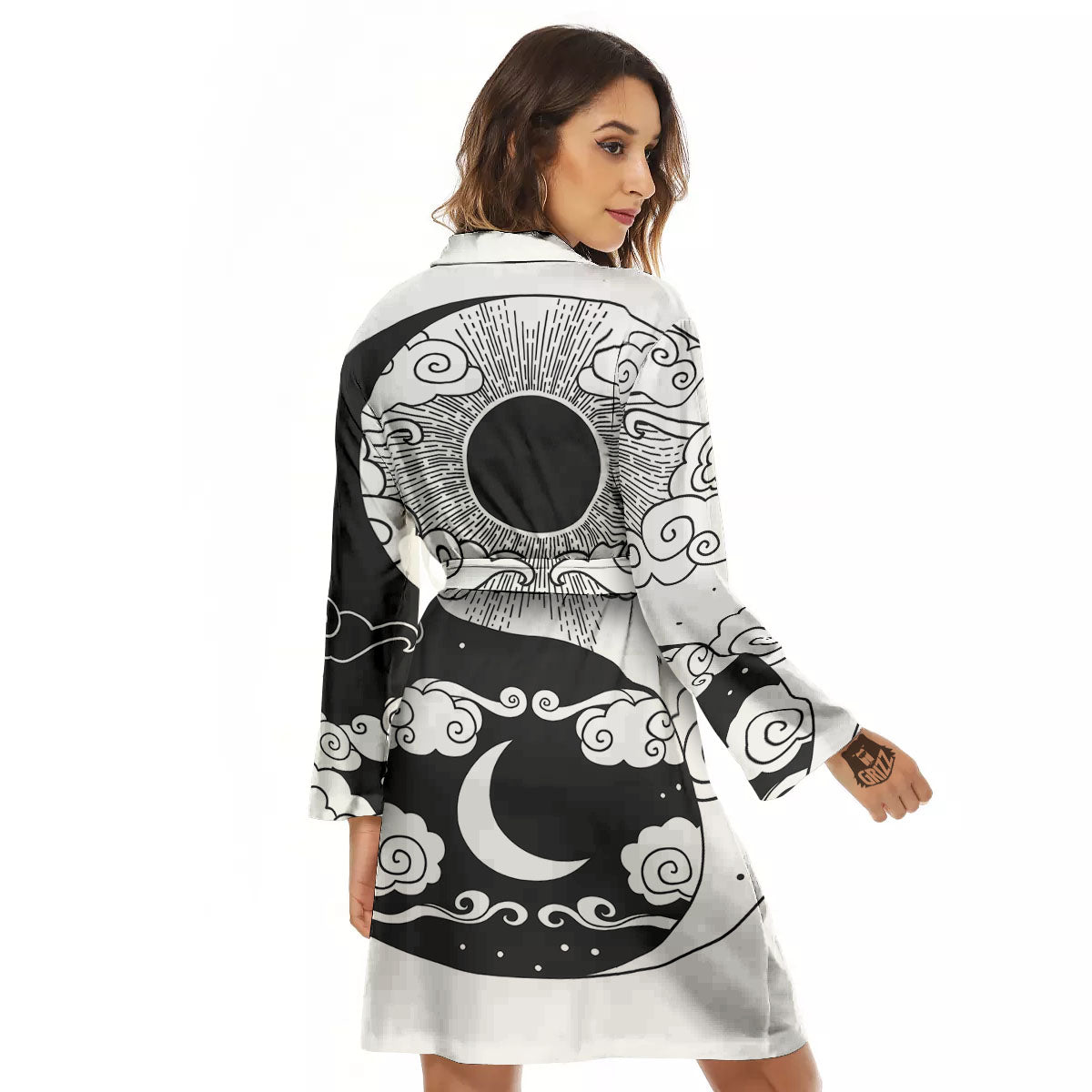 Japanese Yin Yang White And Black Print Women's Robe-grizzshop