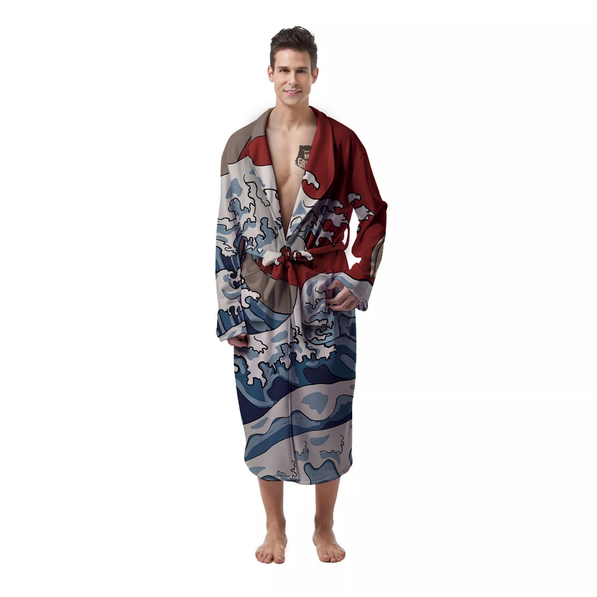 Japanese Wave Red Sun Print Men's Robe-grizzshop