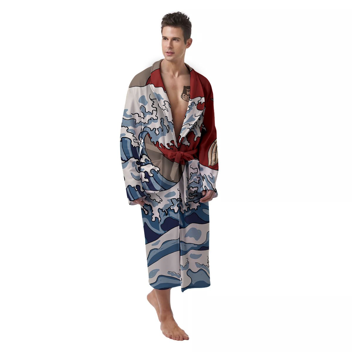 Japanese Wave Red Sun Print Men's Robe-grizzshop