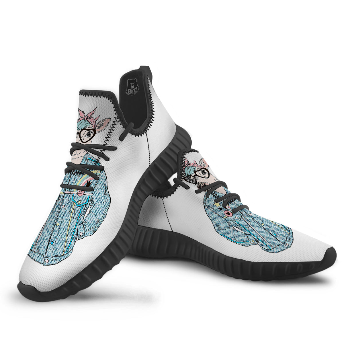 Jeans Cow Denim Print Black Walking Shoes-grizzshop