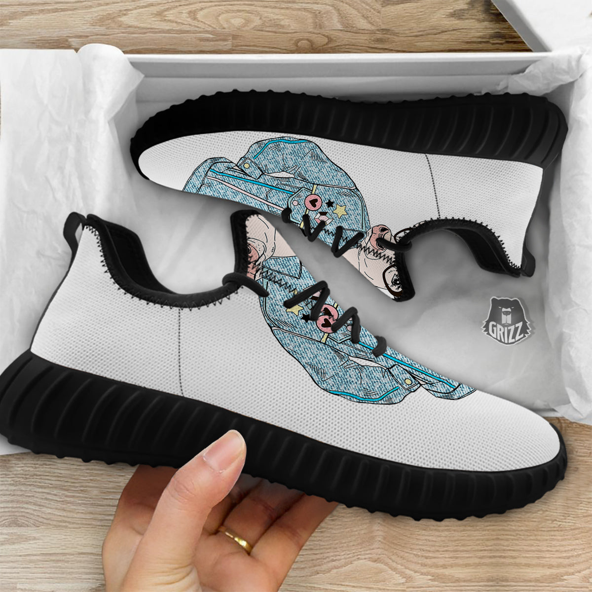 Jeans Cow Denim Print Black Walking Shoes-grizzshop