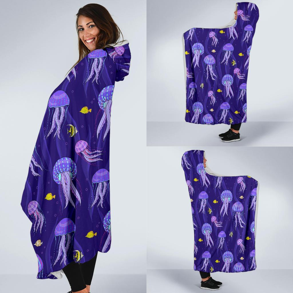 Jellyfish Cartoon Print Pattern Hooded Blanket-grizzshop