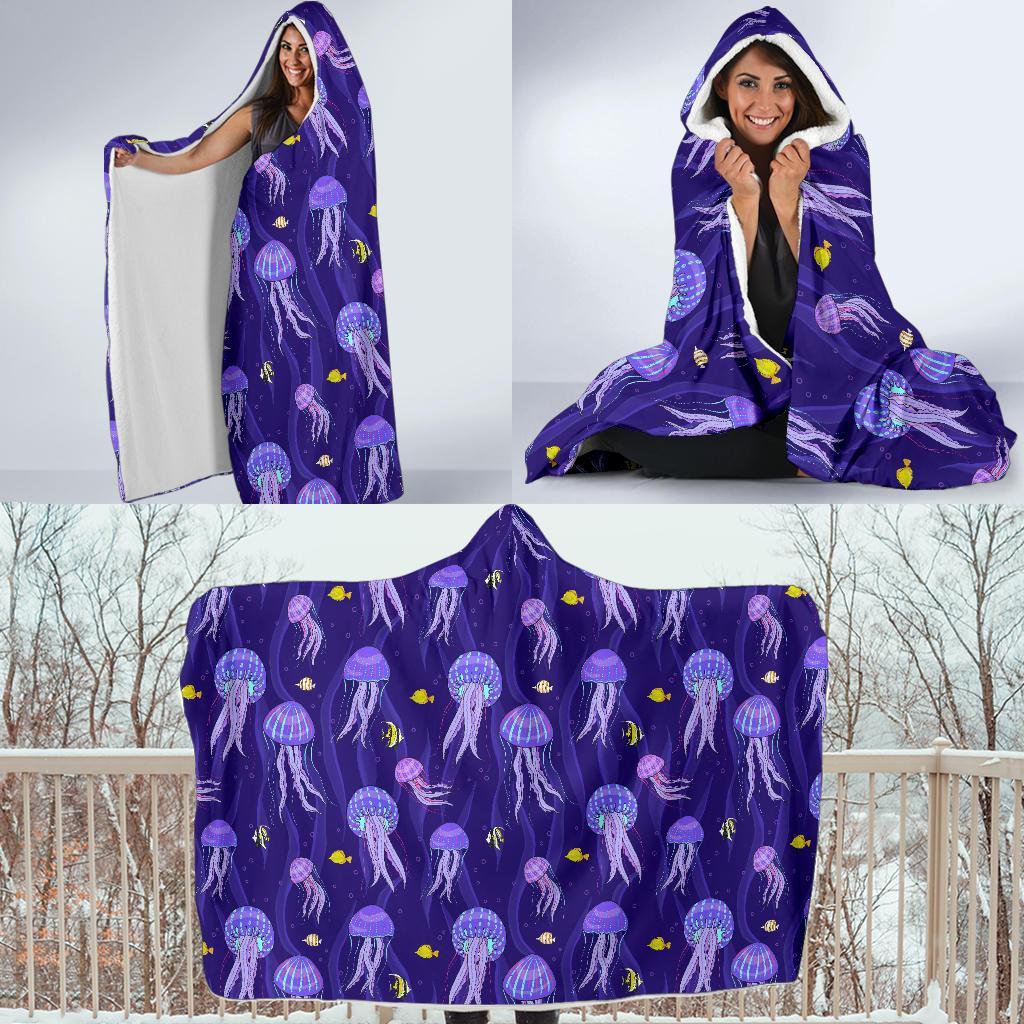 Jellyfish Cartoon Print Pattern Hooded Blanket-grizzshop