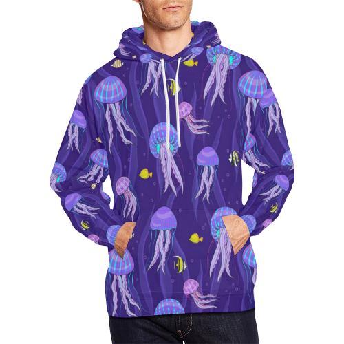 Jellyfish Cartoon Print Pattern Men Pullover Hoodie-grizzshop