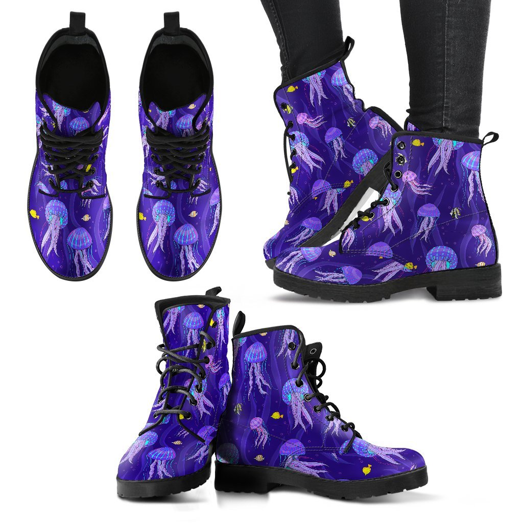 Jellyfish Cartoon Print Pattern Men Women Leather Boots-grizzshop