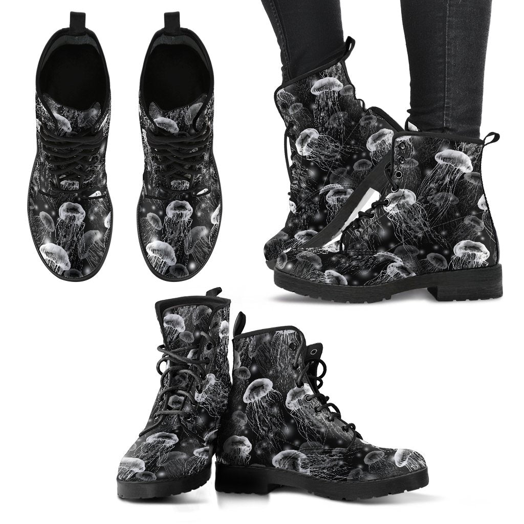Jellyfish Pattern Print Men Women Leather Boots-grizzshop