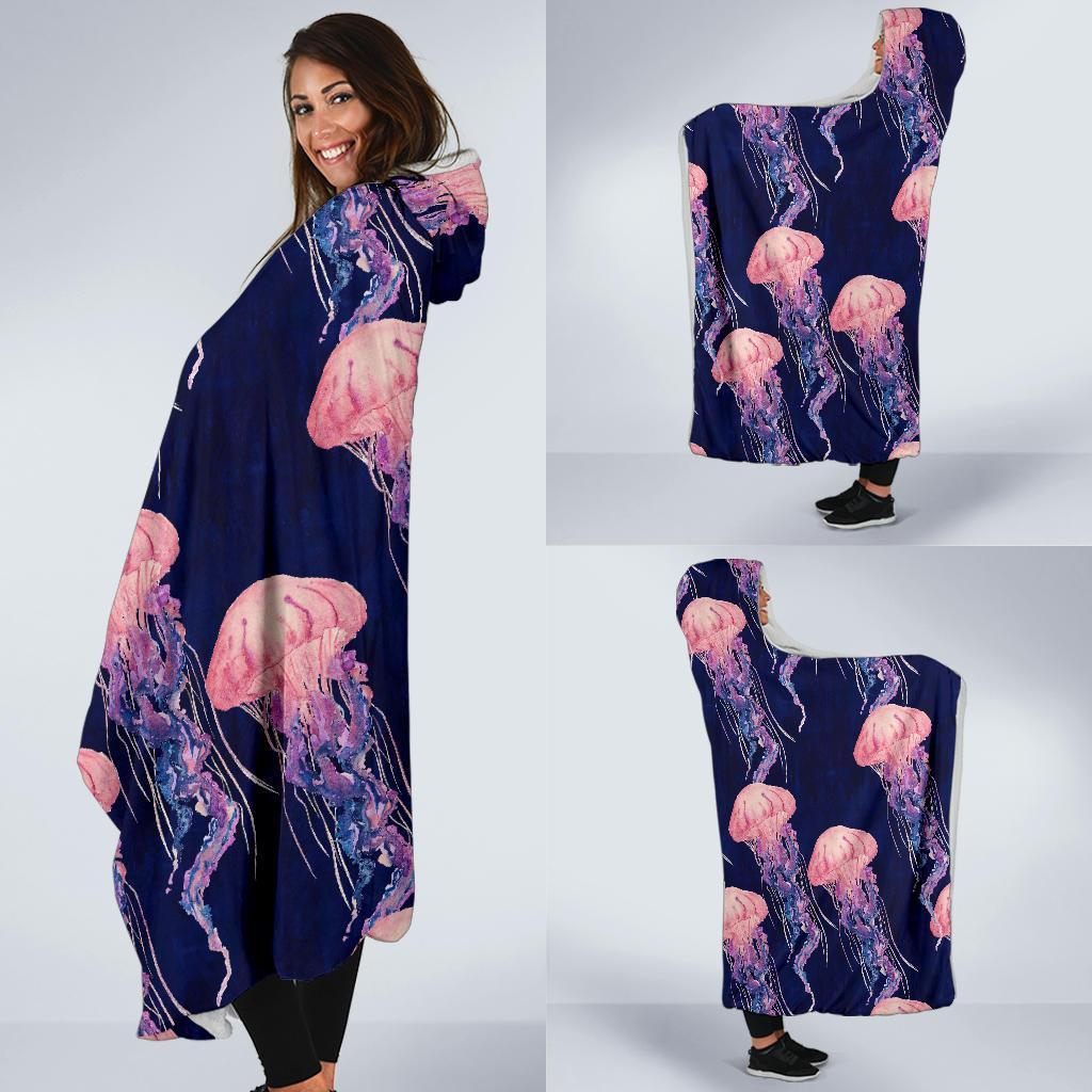 Jellyfish Print Pattern Hooded Blanket-grizzshop