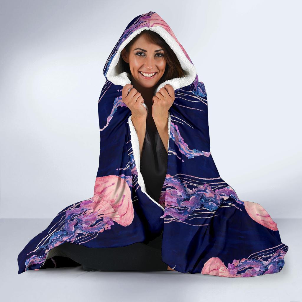 Jellyfish Print Pattern Hooded Blanket-grizzshop
