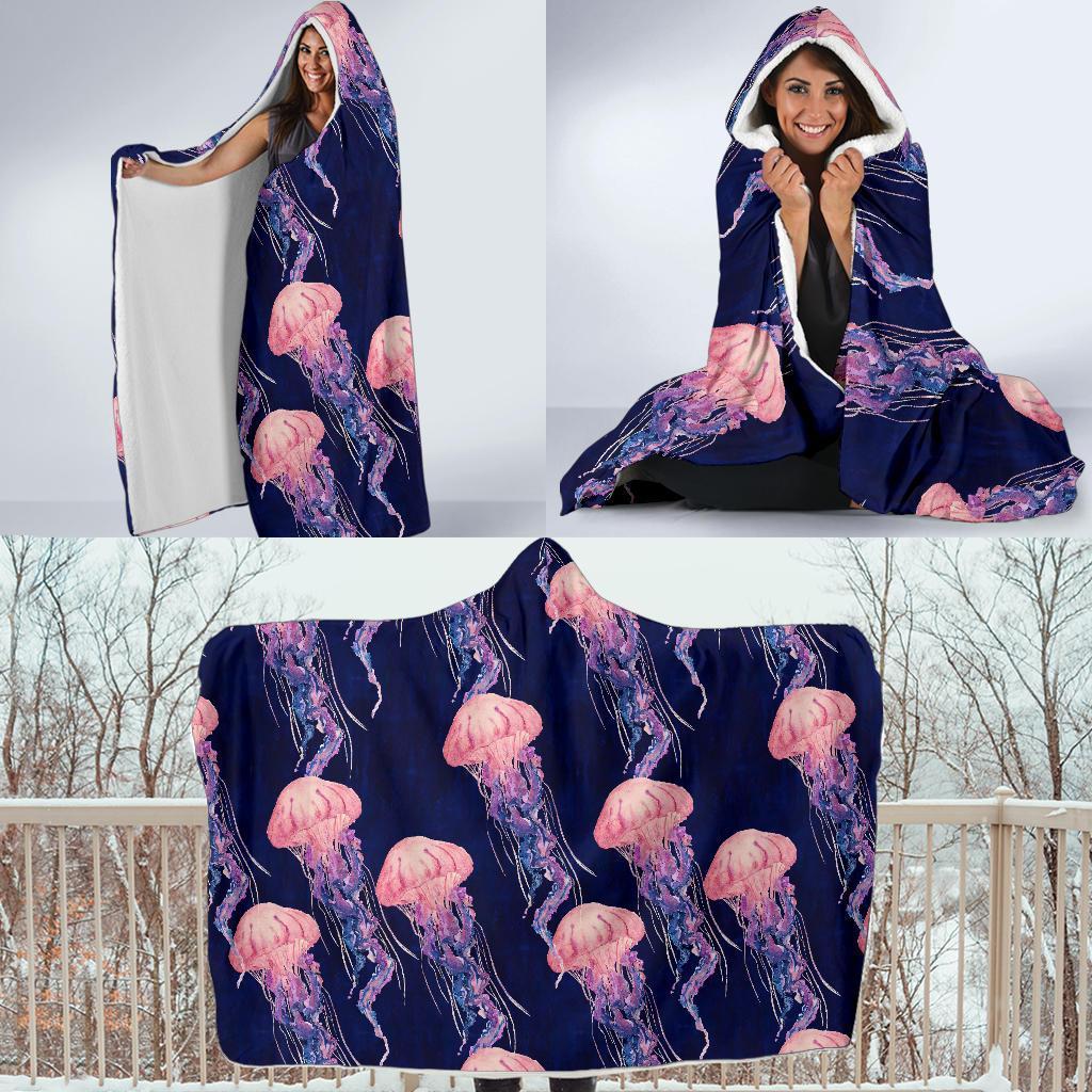 Jellyfish Print Pattern Hooded Blanket-grizzshop