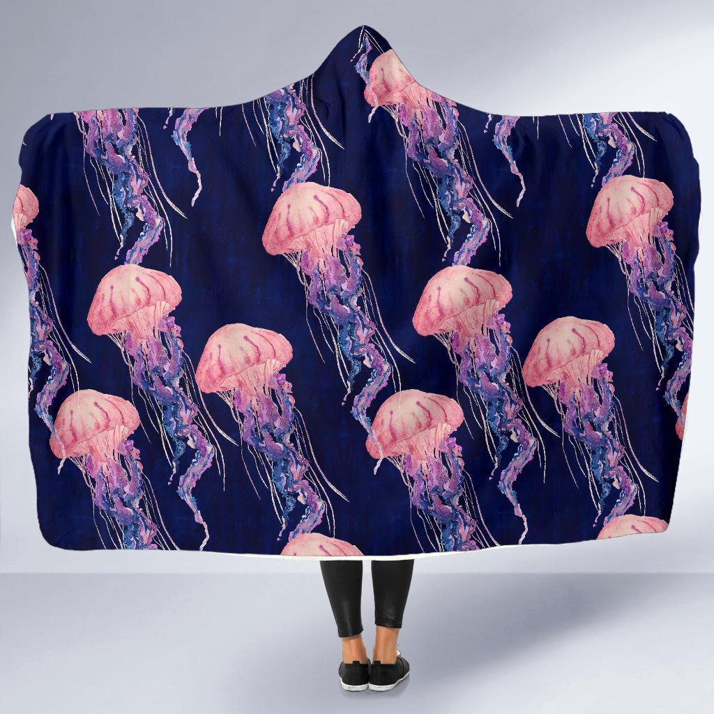 Jellyfish Print Pattern Hooded Blanket-grizzshop