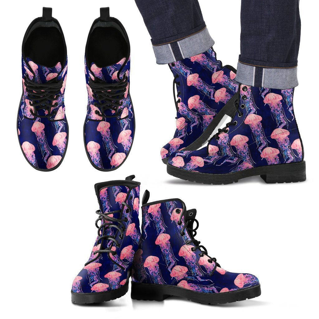 Jellyfish Print Pattern Men Women Leather Boots-grizzshop